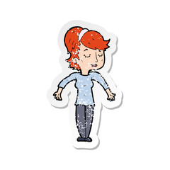 retro distressed sticker of a cartoon friendly woman shrugging shoulders