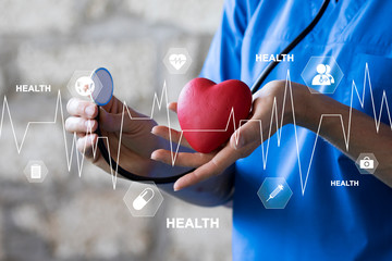 Doctor pressing button health heart pulse healthcare on virtual panel medicine
