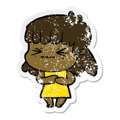distressed sticker of a cartoon angry girl