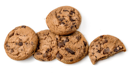 Chocolate chip cookie with crumbs isolated on white background.