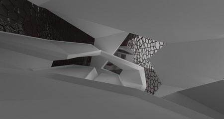 Abstract white and black interior multilevel public space with window. 3D illustration and rendering.