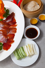 Peking duck or grilled duck skin served with fresh vegetable, sweet sauce and roasted wheaten Chinese pancakes.