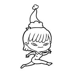 line drawing of a woman wearing santa hat