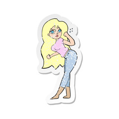retro distressed sticker of a cartoon woman raising fist