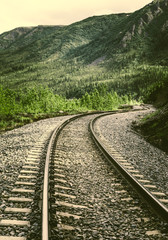 Obraz premium Railroad to Denali National Park, Alaska with impressive mountains