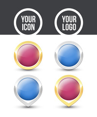 Purple and blue round buttons and pointers for YOUR LOGO