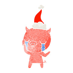 retro cartoon of a pig crying wearing santa hat