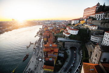 Obraz premium View of Douro river and Ribeira from Dom Luis I bridge, Porto, Portugal.
