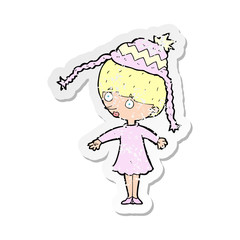 retro distressed sticker of a cartoon woman wearing winter hat
