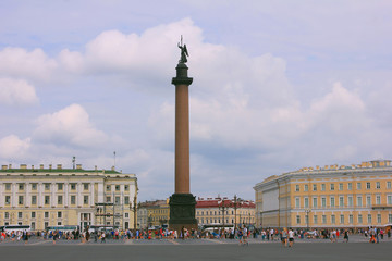 Palace square panoramic view with Alexander column and historic architecture buildings on scenic...