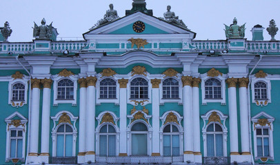 Fototapeta na wymiar Winter Palace building facade architecture with exterior details, columns and ornaments close up view. Former russian royal palace in St. Petersburg city, detailed decor wallpaper 