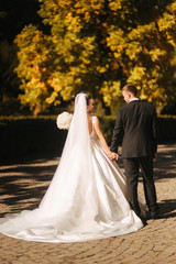 Fototapeta na wymiar Beautiful bride with her husband in the park. They are walking near the yellow tree. Beautiful makeup