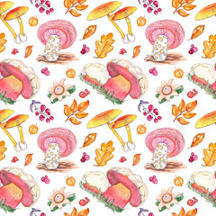 Watercolor seamless pattern with fungus mushrooms