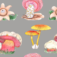 Watercolor seamless pattern with fungus mushrooms