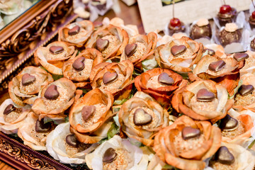 wedding candy table. delicious and assorted sweets. selective focus.