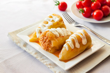 Stuffed pepper with meat and rice on a white square plate