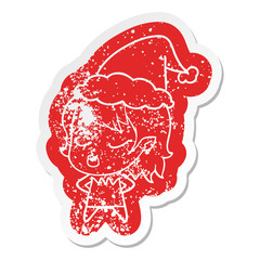cute cartoon distressed sticker of a vampire girl wearing santa hat