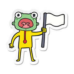 sticker of a cartoon weird alien with flag