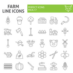 Farm thin line icon set, agriculture symbols collection, vector sketches, logo illustrations, gardening signs linear pictograms package isolated on white background.