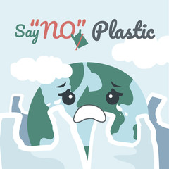 Poster of Earth crying with plastic bag cartoon, say no to plastic concept vector illustration.