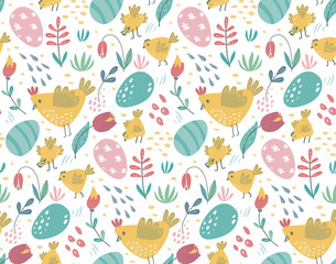 Vector seamless pattern with rabbits, chicken and flowers.