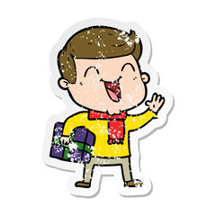 distressed sticker of a cartoon happy man
