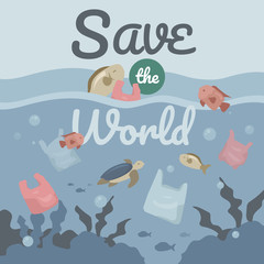 Plastic pollution concept poster or banner, plastic bags underwater vector illustration.