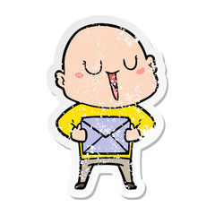 distressed sticker of a happy cartoon bald man with package