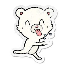 distressed sticker of a rude cartoon polar bear sticking out tongue