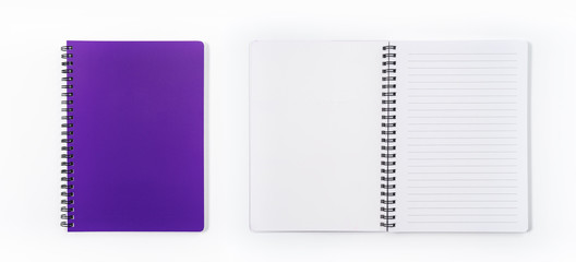 Business concept - Top view collection of spiral kraft notebook front, purple And white open page isolated on background for mockup