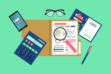 Auditing concept vector illustration. Tax process. Business background. Flat design of analysis, data, accounting, planning, management, research, calculation, reporting, project management.