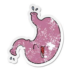distressed sticker of a cartoon happy stomach
