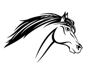 running mustang horse with flying mane profile head  black and white vector outline