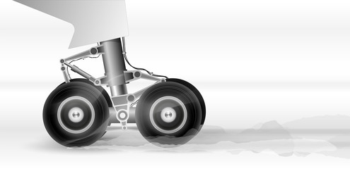 The chassis of the modern aircraft when landing on the runway. Wheels rotate rapidly. Smoke comes from braking.
