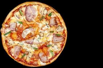 Fresh pizza with meat beaf chicken pork, tomatoes, vegetables, ushrooms on dark black background closeup