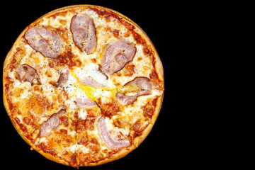 Fresh pizza with meat beaf chicken pork, tomatoes, vegetables, ushrooms on dark black background closeup