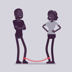 Chained in marriage husband and wife. Man and woman confined with strong dependence chain, controlled family slave, tying up or restraining life partner, load. Vector illustration, faceless characters