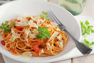 Spaghetti with tomato sauce, parmesan  and basil