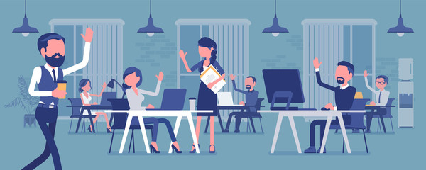 Solid and high performing team in office. Group of people working together effectively for a common business goal, achieve good results, employees and manager. Vector illustration, faceless characters