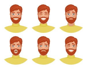 Set of mens avatars expressing various emotions: joy, sadness, laughter, tears, anger, disgust, cry. Redhead bearded man with blue eyes. Cartoon character isolated on a white background. Vector.