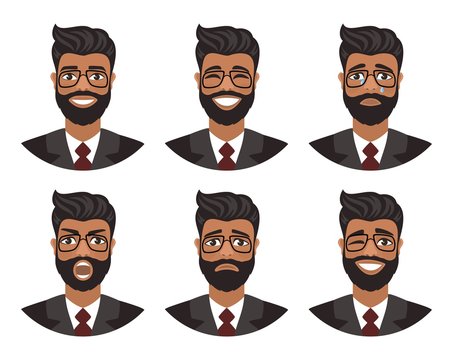 Set of avatars of men expressing various emotions: joy, sadness, laughter, tears, anger, disgust, cry. Brown eyes, dark skin, black hair and glasses. Cartoon character isolated on a white background.