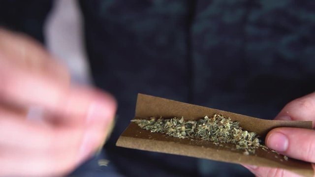Close up marijuana joint with lighter. Man rolling marijuana cannabis blunt. Man rolling a marijuana weed blunt. light licks color toned light leaks