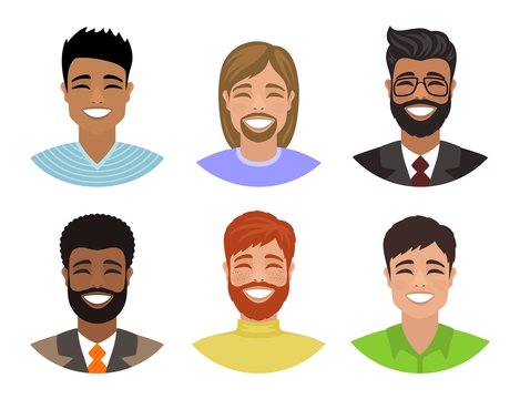 Laughing funny guys. Set of avatars with men of different nations. Various hair, eyes and skin colors. Multi-ethnic group of people. Cartoon portraits isolated on white background. Flat style. Vector.