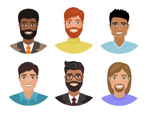 Set of avatars with men of different nations. Various hair, eyes and skin colors. Smiling funny guys. Multi-ethnic group of people Cartoon portraits isolated on white background. Flat style. Vector.