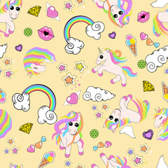 pattern with unicorns, rainbow, clouds, heart with wings, lips, stars