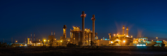 Panoramic images of power plants during the night.