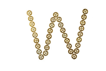 Alphabet letter W made of metal gears. Isolated on white background. Steampunk style