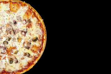 Fresh pizza with meat beaf chicken pork, tomatoes, vegetables, ushrooms on dark black background closeup