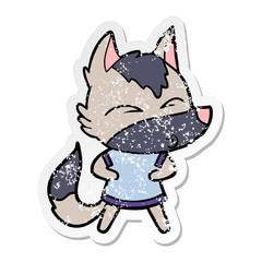 distressed sticker of a cartoon wolf whistling