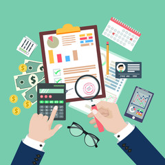 Auditing concept vector illustration. Tax process. Business background. Flat design of analysis, data, accounting, planning, management, research, calculation, reporting, project management.